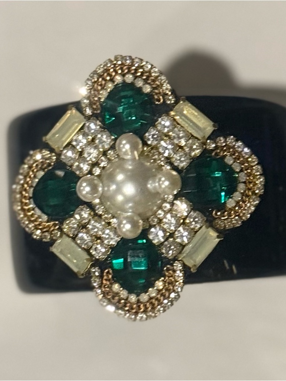 Black Resin Emerald Green Crystal & Pearl Statement Cuff Bracelet